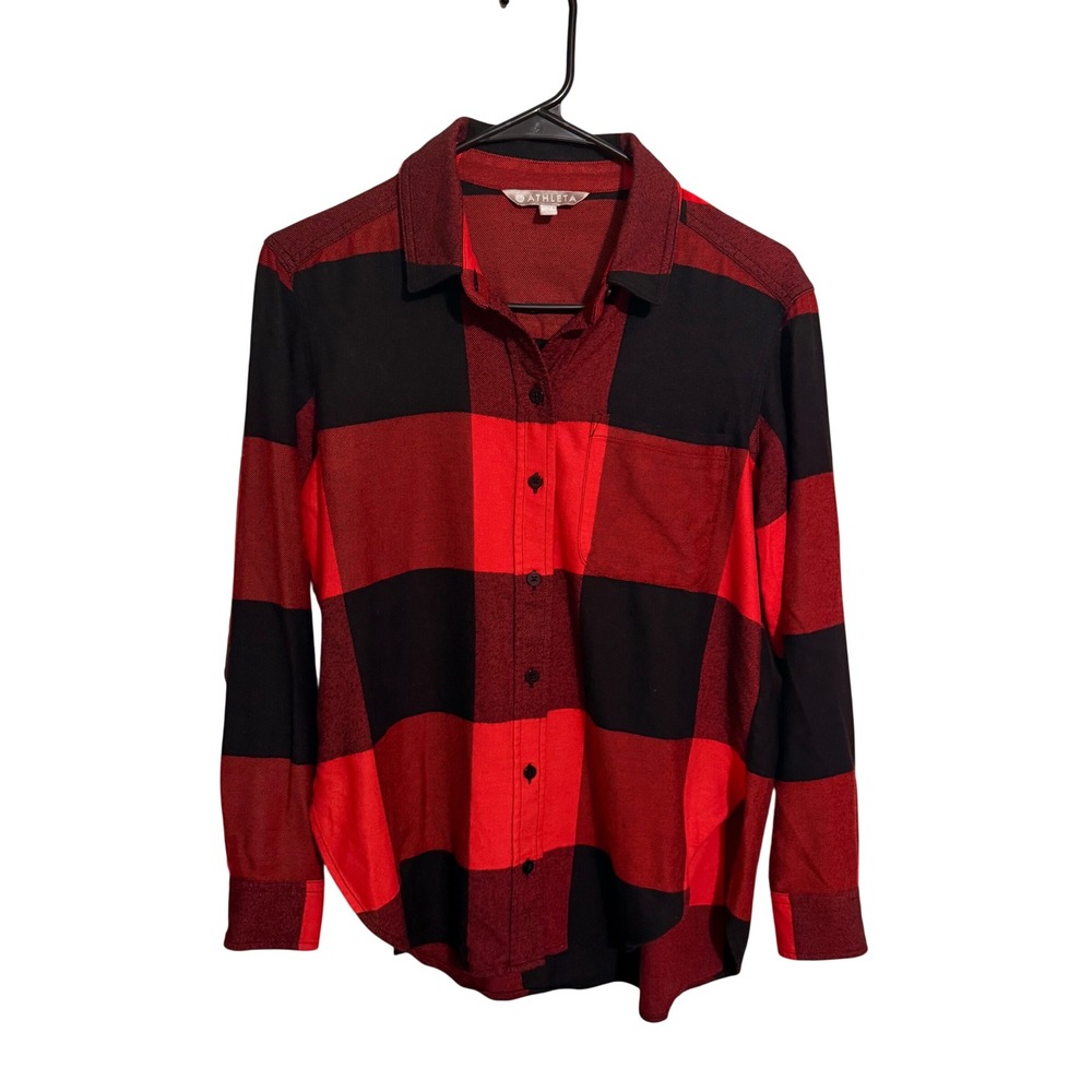 Athleta Red‎ Black Buffalo Plaid Flannel Button Down Shirt XS Petite